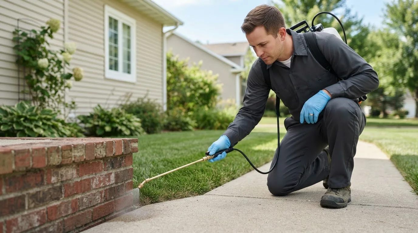 Pest control technician treating a home near Cedarville, OH