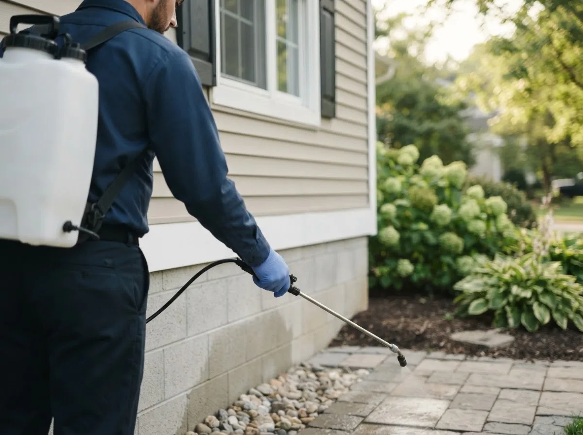 Pest control technician inspecting a home in Cedarville, OH